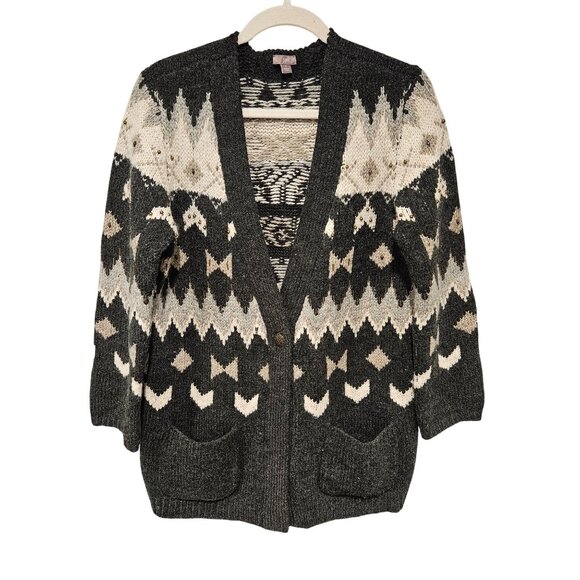 J. Jill Sweaters - J. Jill Woman Size M Chunky Fair Isle Wool Blend Cardigan Pockets Bead Embellish